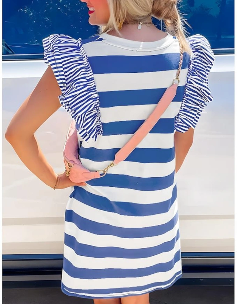 Sky Blue Stripe Contrast Ruffled Sleeve T-shirt Dress