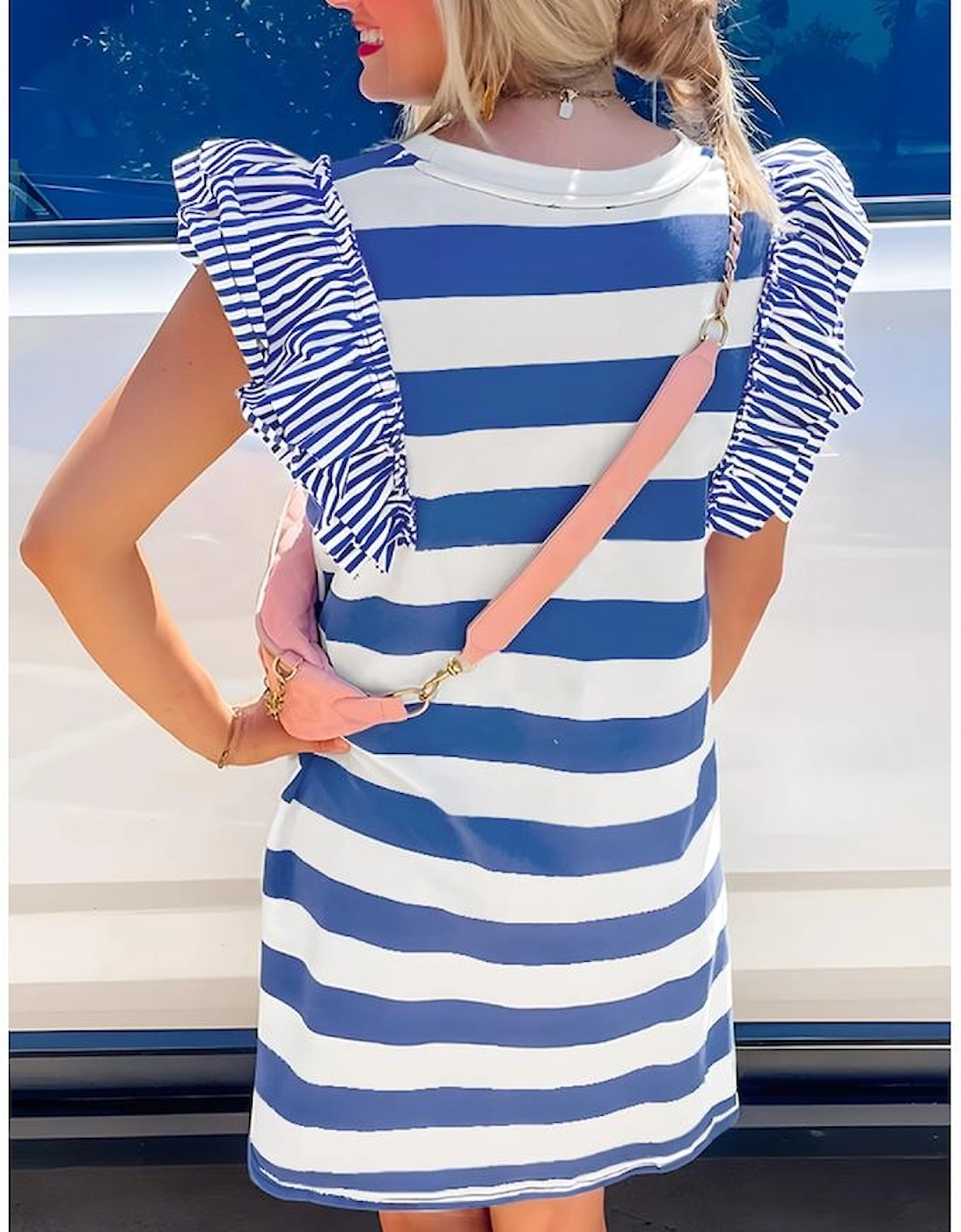 Sky Blue Stripe Contrast Ruffled Sleeve T-shirt Dress, 13 of 12