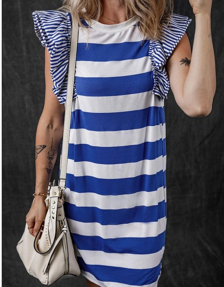 Sky Blue Stripe Contrast Ruffled Sleeve T-shirt Dress