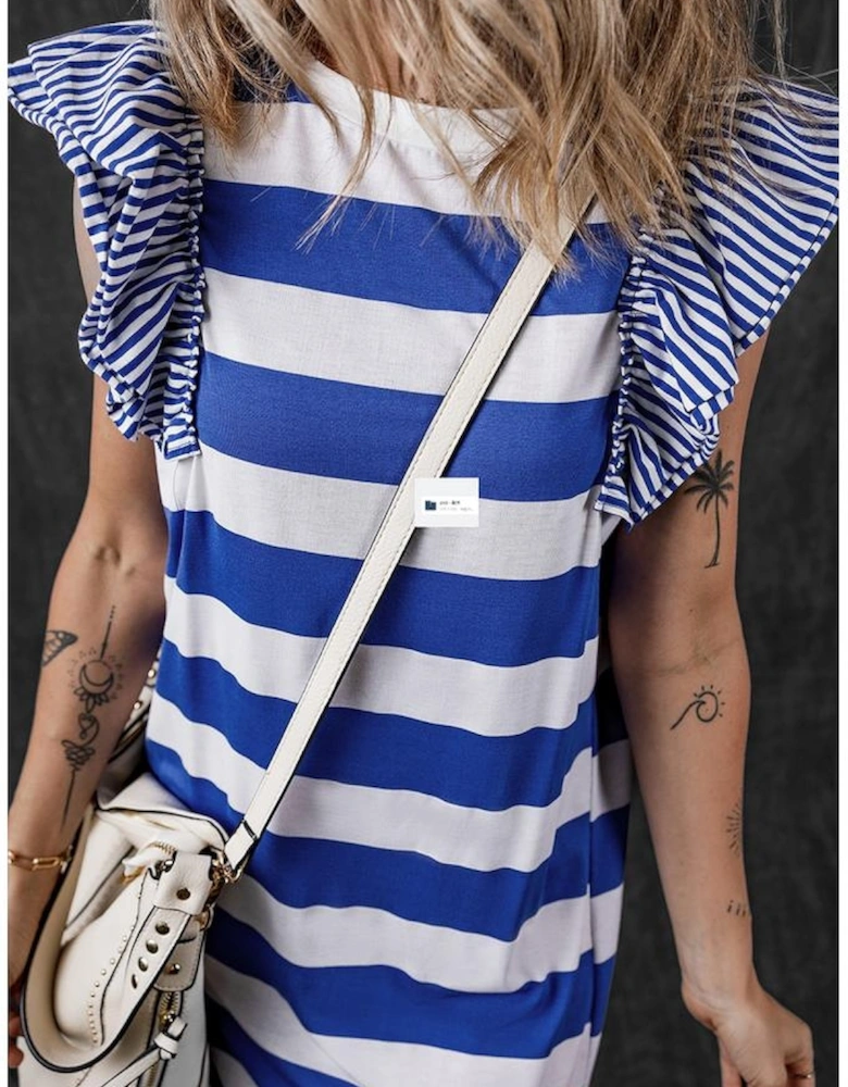 Sky Blue Stripe Contrast Ruffled Sleeve T-shirt Dress