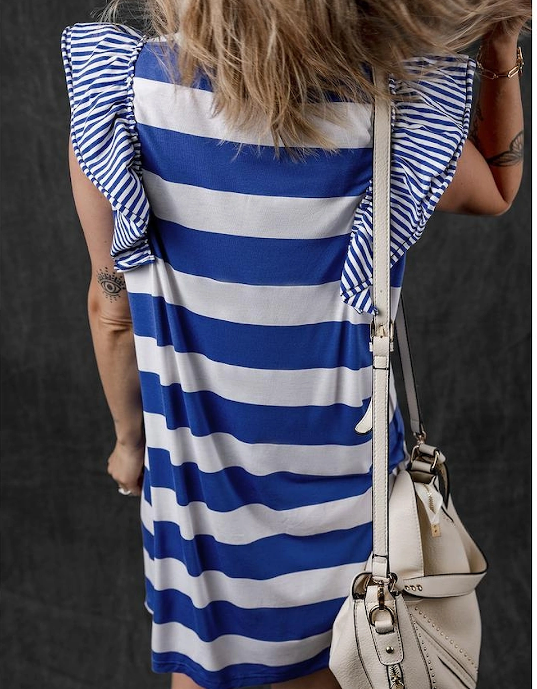Sky Blue Stripe Contrast Ruffled Sleeve T-shirt Dress