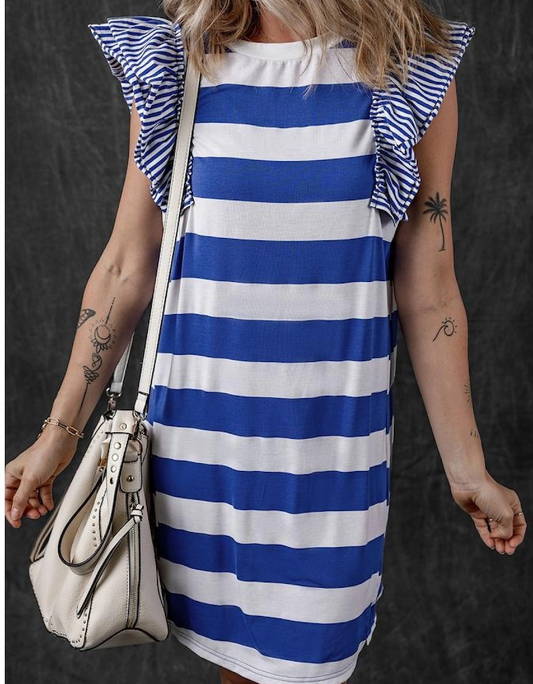 Sky Blue Stripe Contrast Ruffled Sleeve T-shirt Dress