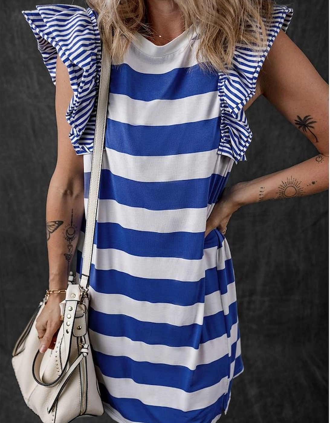 Sky Blue Stripe Contrast Ruffled Sleeve T-shirt Dress