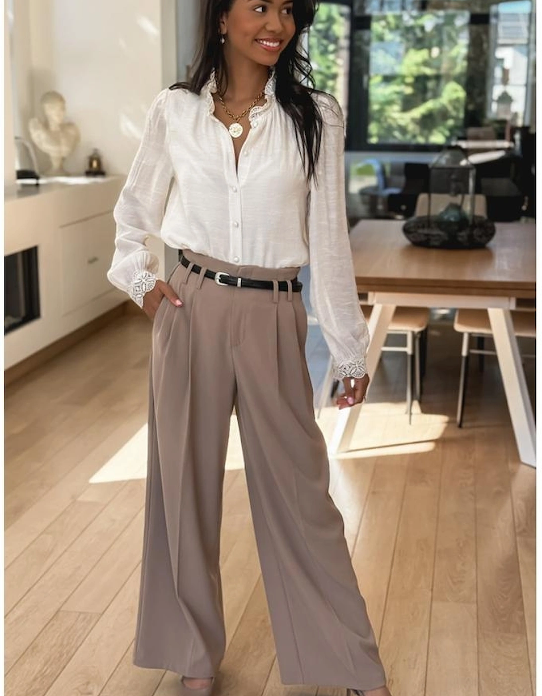 White Lace Patchwork Buttoned Stand Neck Loose Shirt