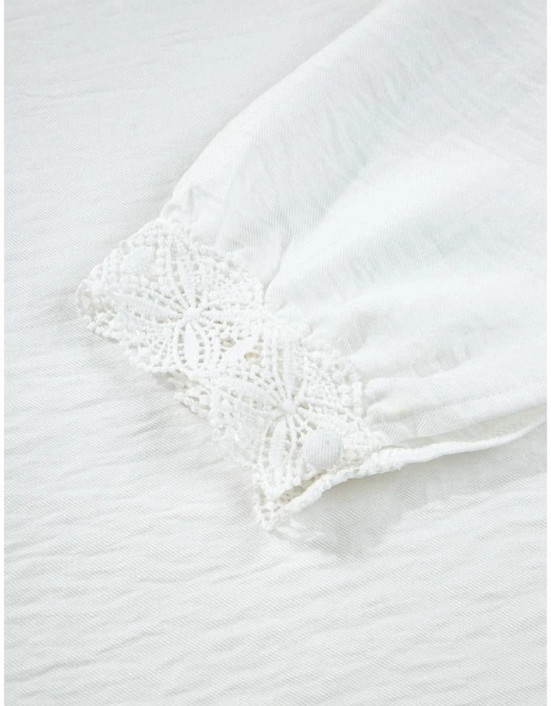 White Lace Patchwork Buttoned Stand Neck Loose Shirt