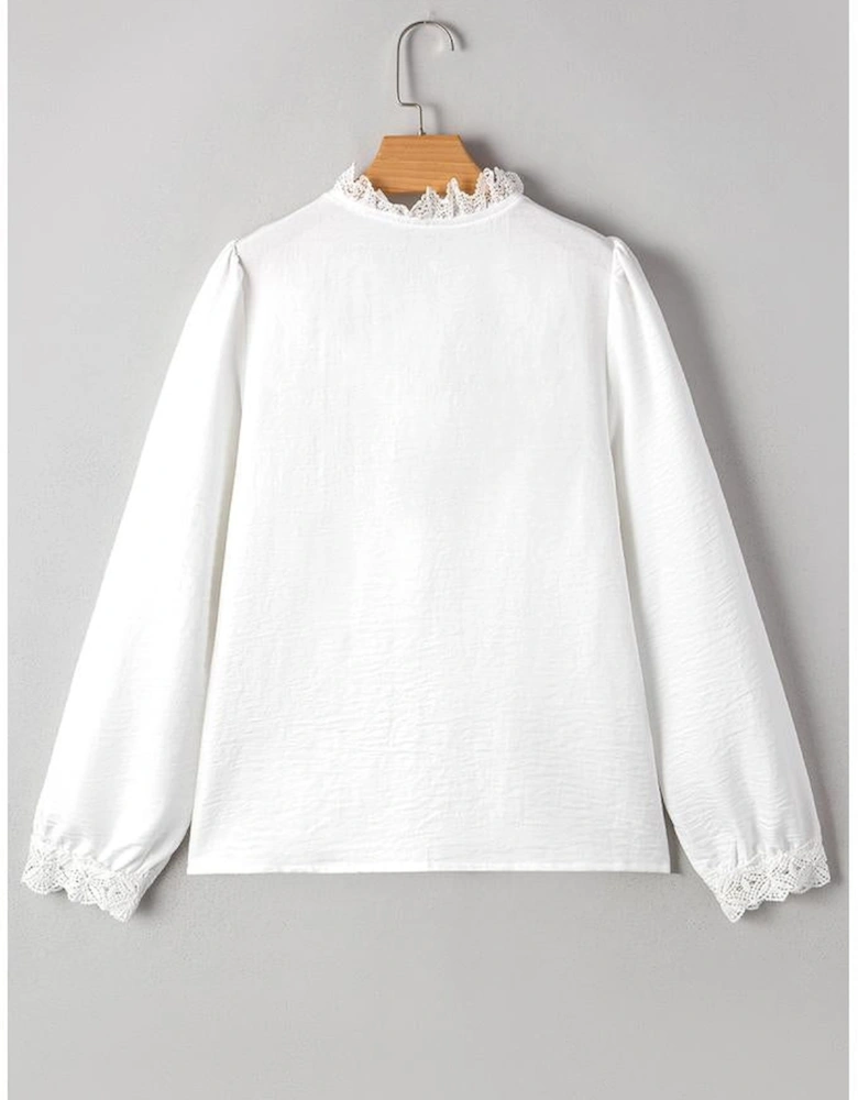 White Lace Patchwork Buttoned Stand Neck Loose Shirt