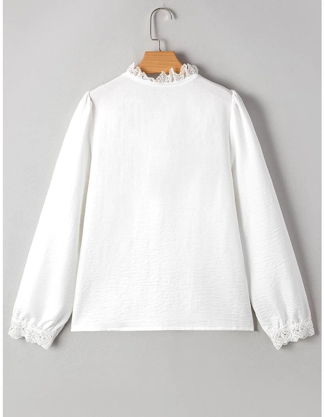 White Lace Patchwork Buttoned Stand Neck Loose Shirt