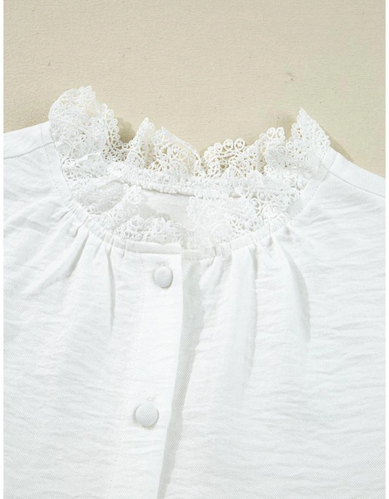 White Lace Patchwork Buttoned Stand Neck Loose Shirt