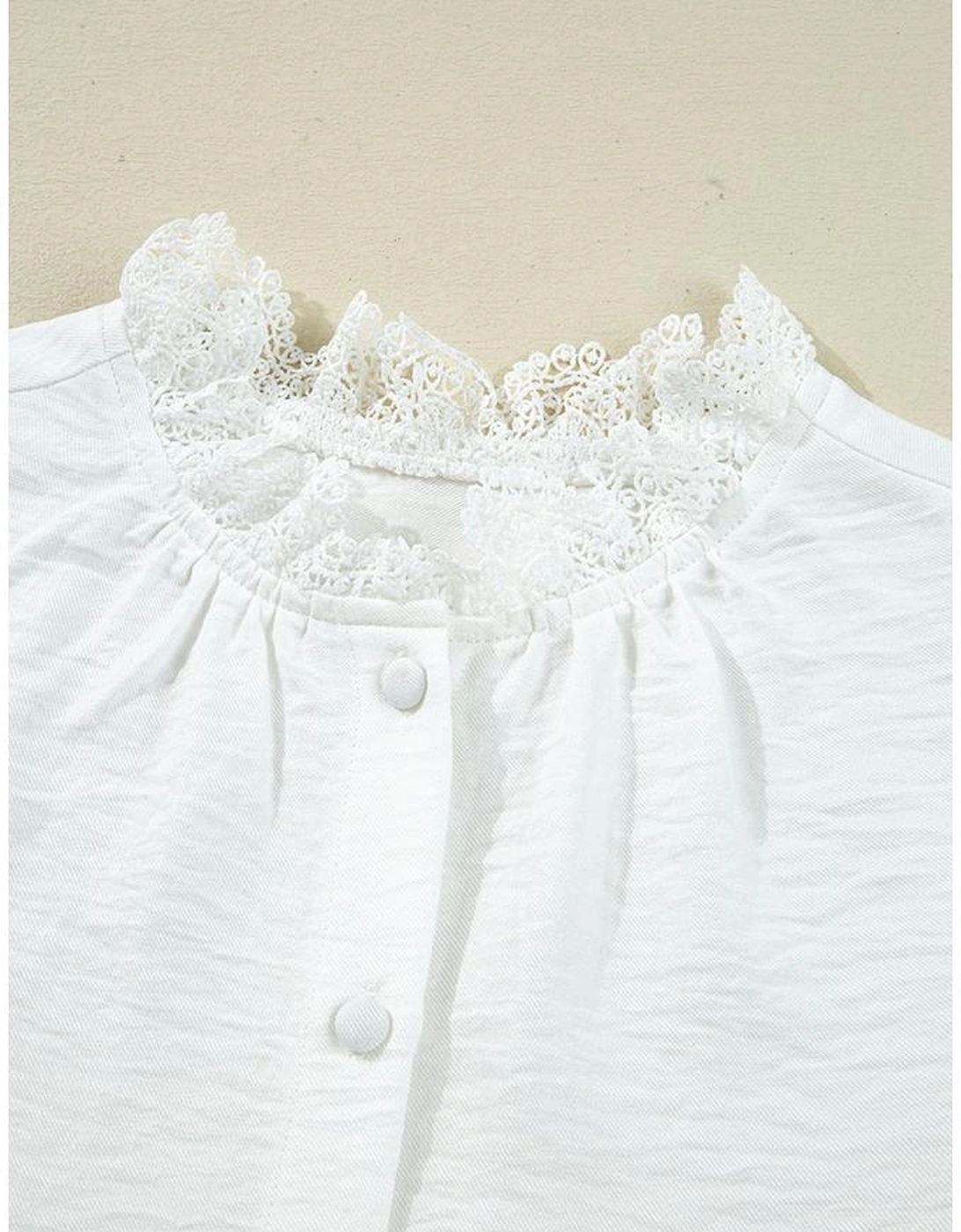 White Lace Patchwork Buttoned Stand Neck Loose Shirt