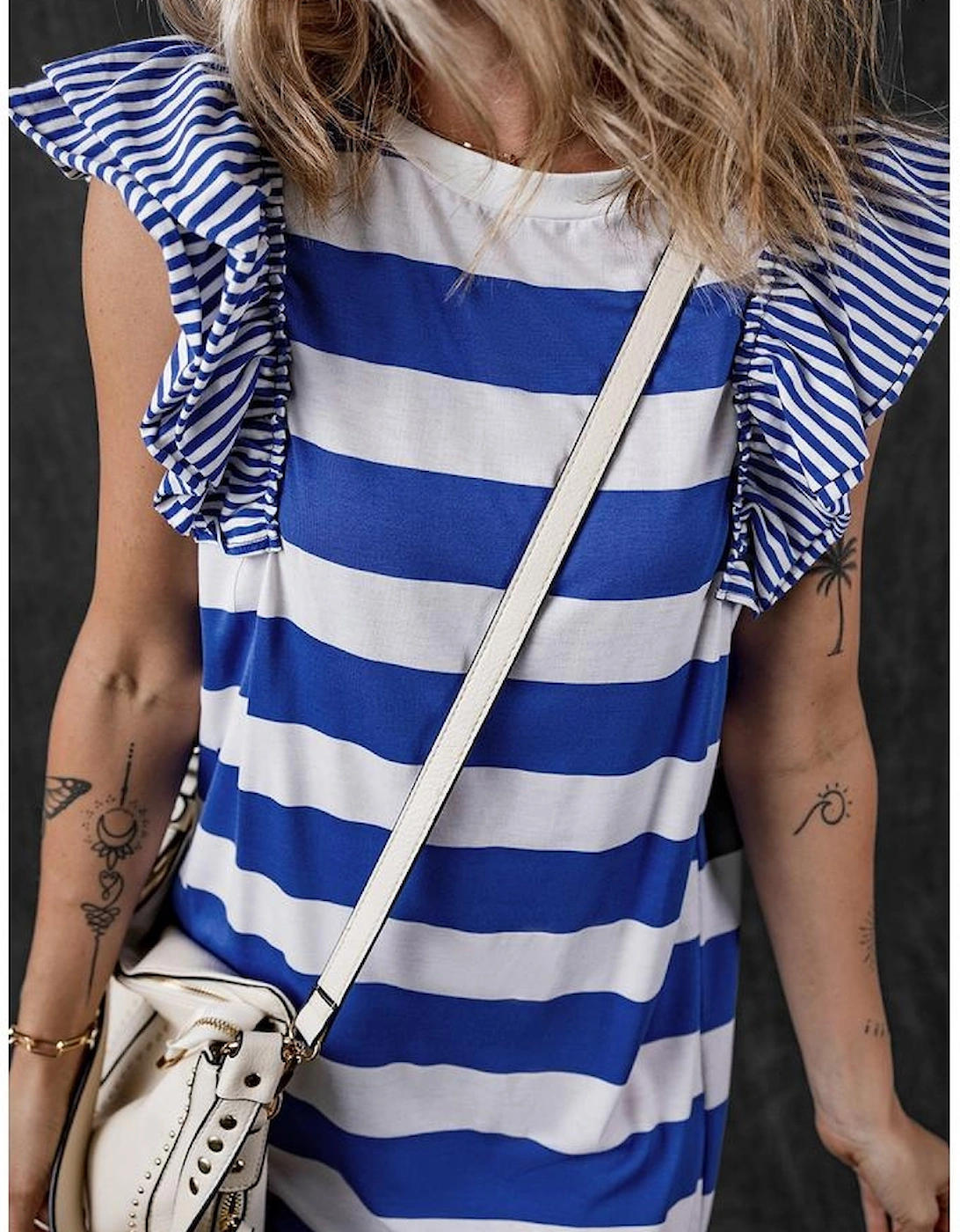 Sky Blue Stripe Contrast Ruffled Sleeve T-shirt Dress