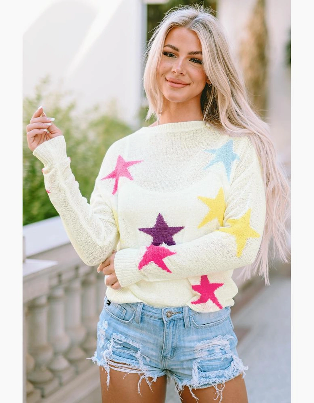 White Colorful Star Pattern Loose Sweater