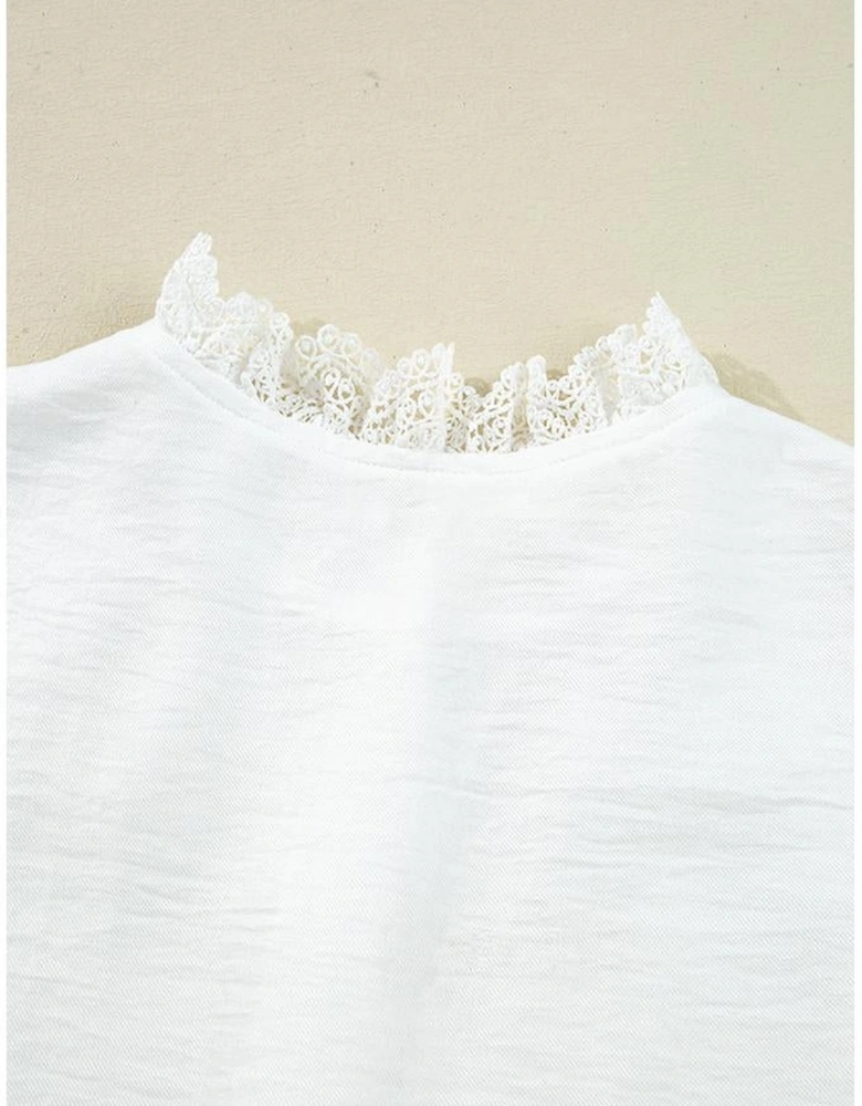 White Lace Patchwork Buttoned Stand Neck Loose Shirt