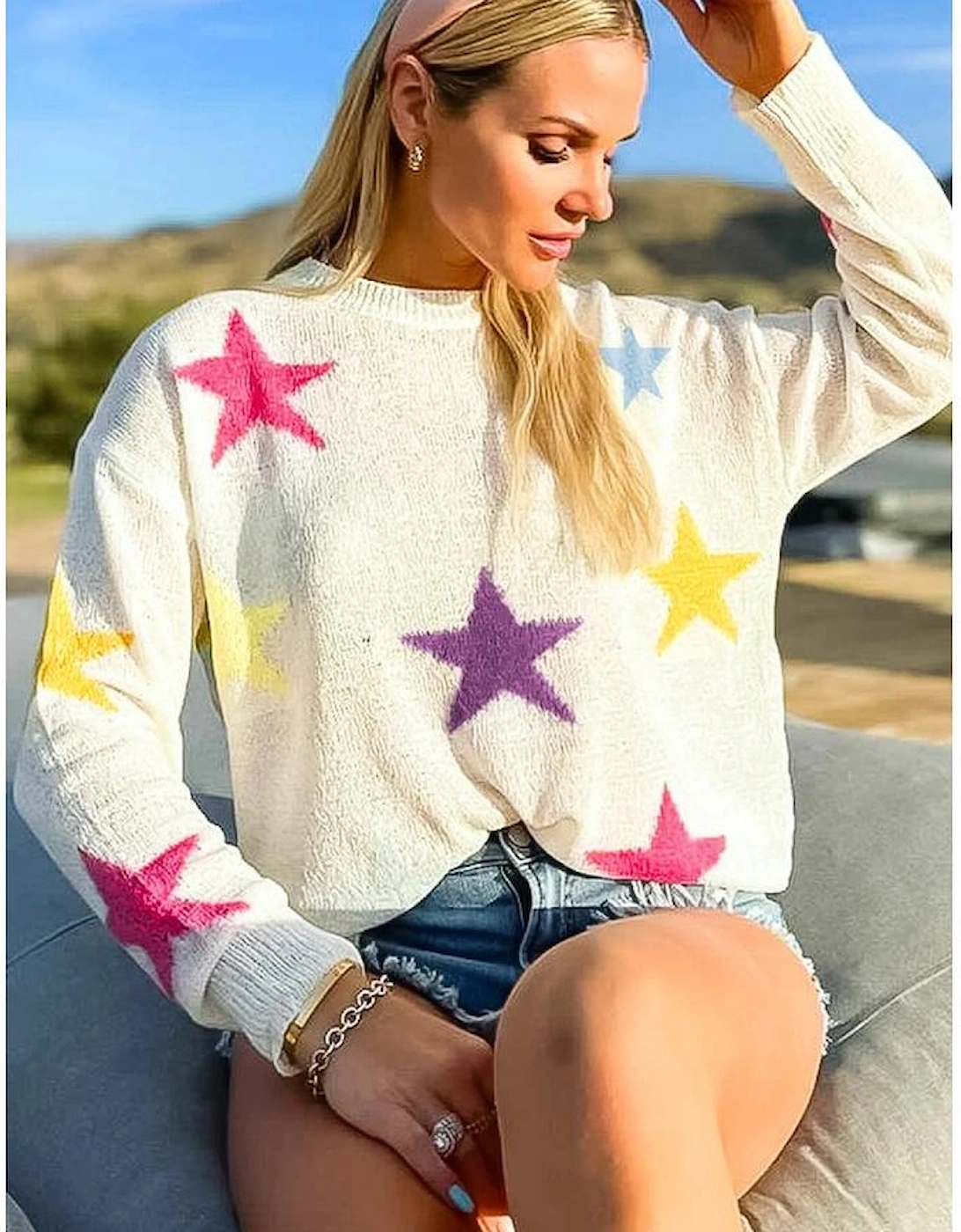 White Colorful Star Pattern Loose Sweater