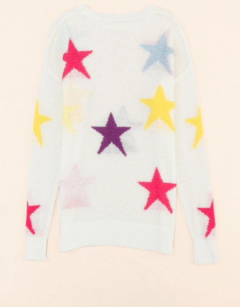 White Colorful Star Pattern Loose Sweater