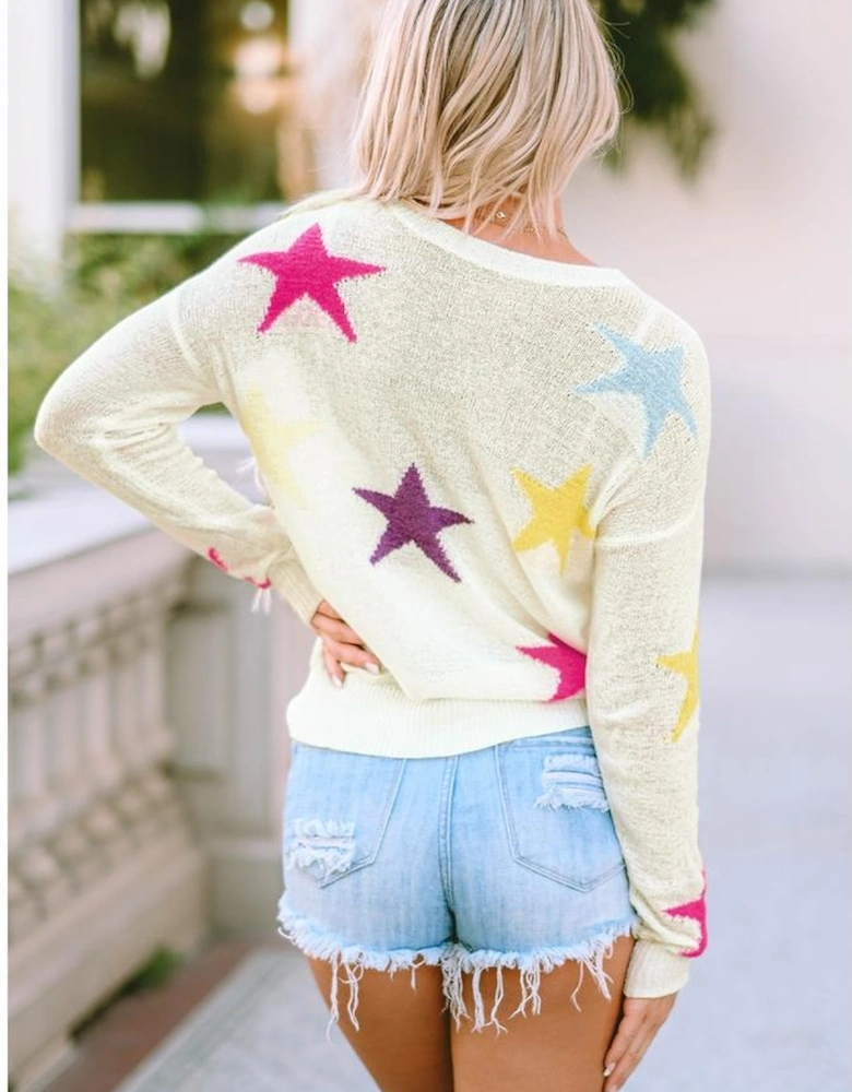 White Colorful Star Pattern Loose Sweater