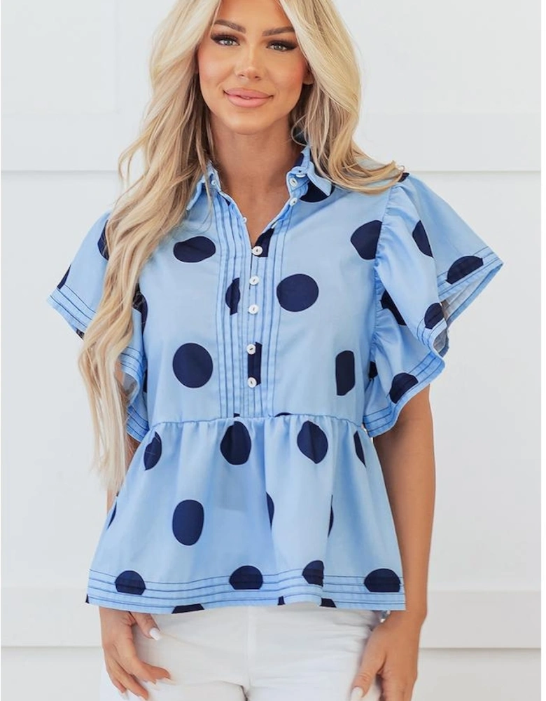 Sky Blue Polka Dot Print Ruffled Short Sleeve Buttoned Collared Blouse