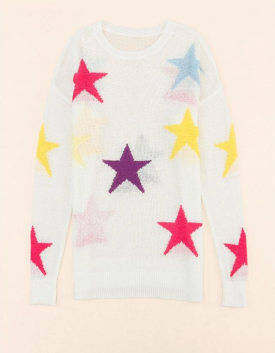 White Colorful Star Pattern Loose Sweater