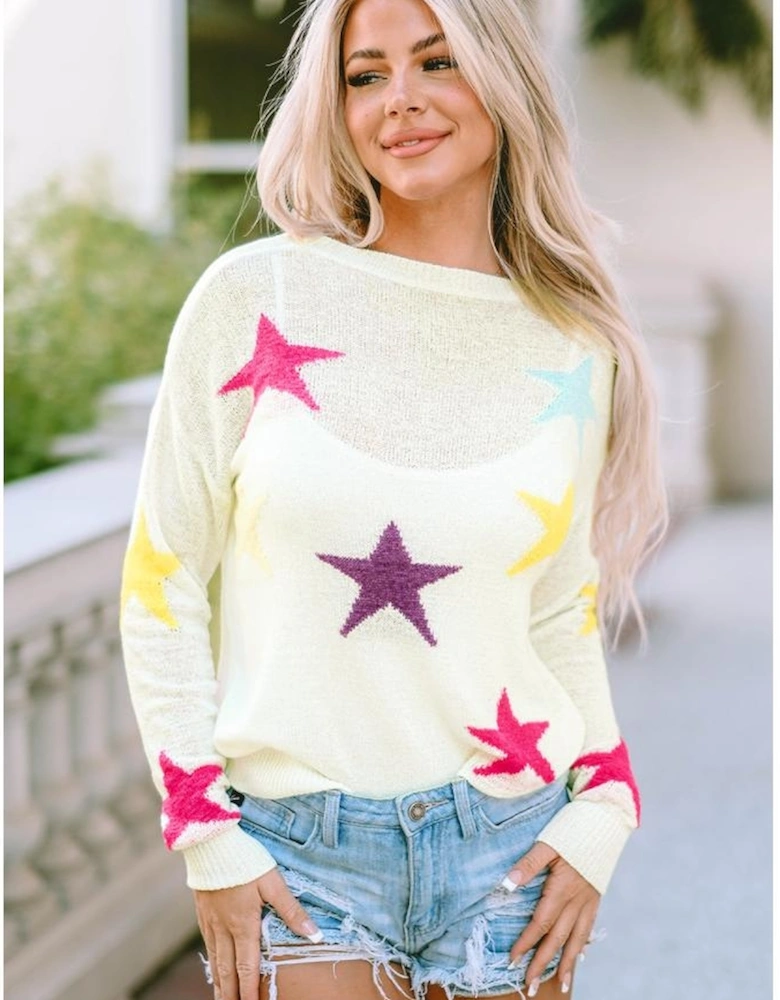 White Colorful Star Pattern Loose Sweater