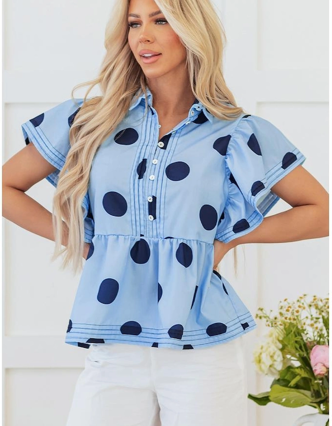 Sky Blue Polka Dot Print Ruffled Short Sleeve Buttoned Collared Blouse, 13 of 12