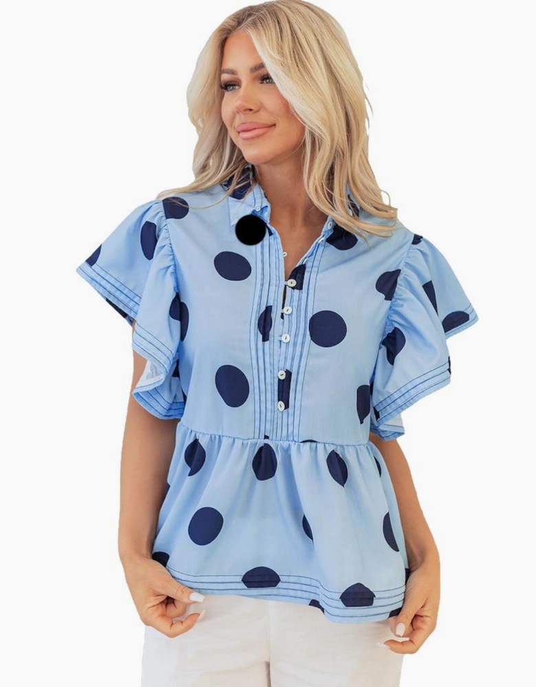 Sky Blue Polka Dot Print Ruffled Short Sleeve Buttoned Collared Blouse