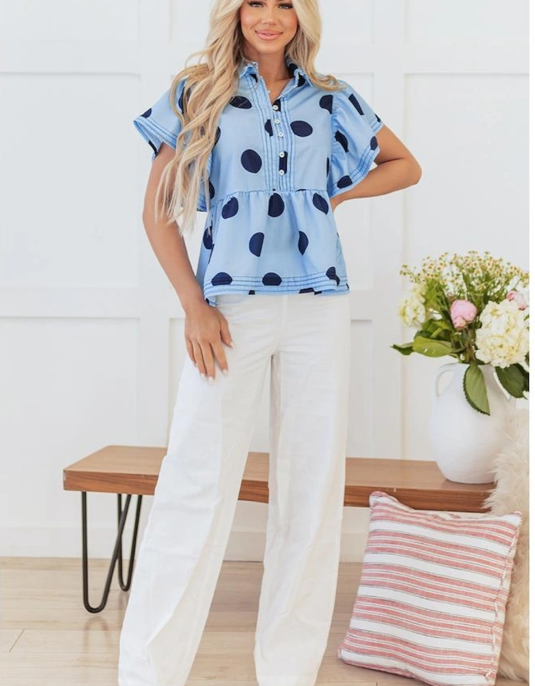 Sky Blue Polka Dot Print Ruffled Short Sleeve Buttoned Collared Blouse