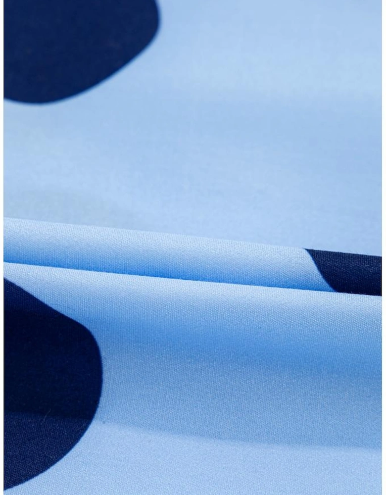 Sky Blue Polka Dot Print Ruffled Short Sleeve Buttoned Collared Blouse