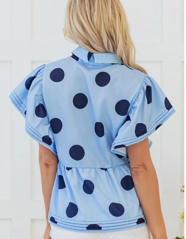 Sky Blue Polka Dot Print Ruffled Short Sleeve Buttoned Collared Blouse