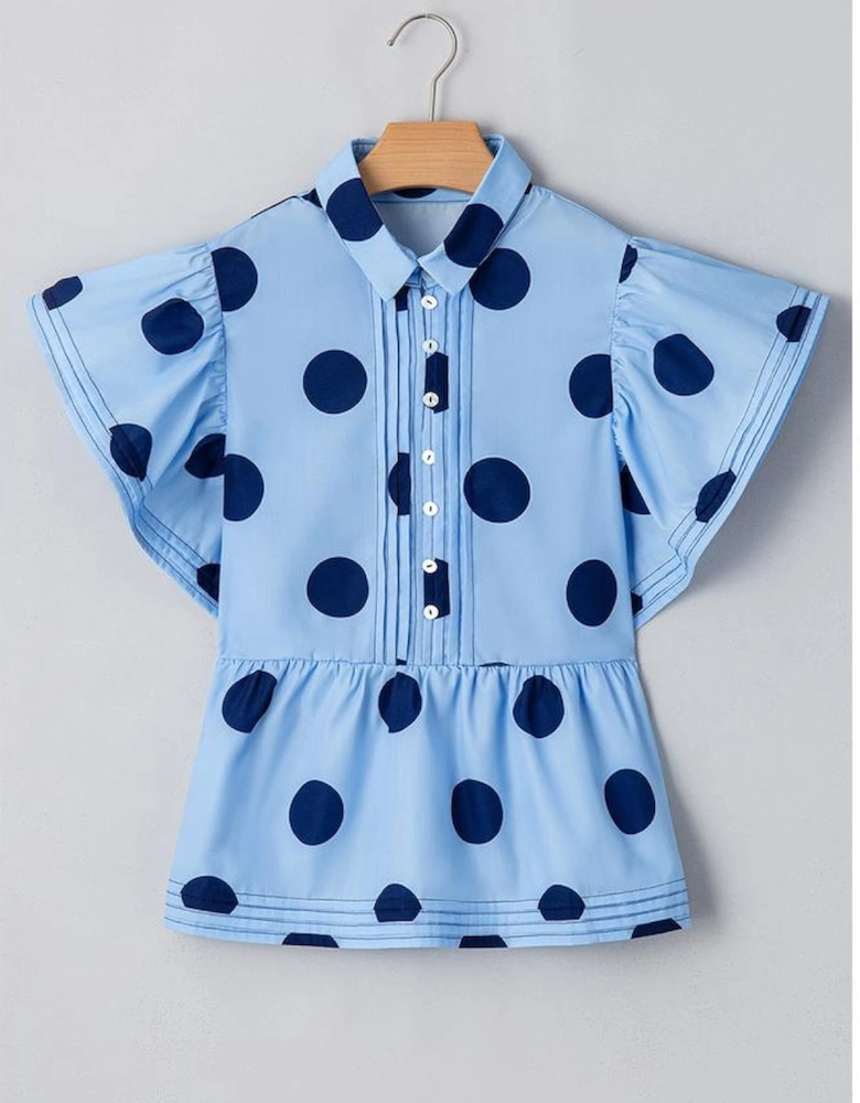 Sky Blue Polka Dot Print Ruffled Short Sleeve Buttoned Collared Blouse