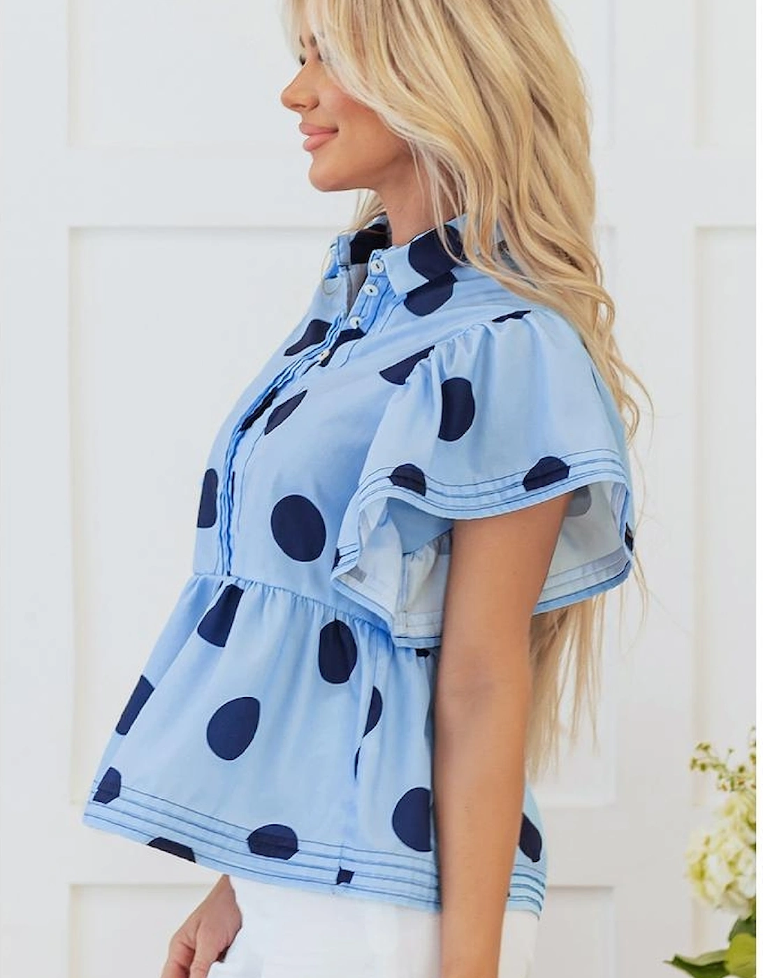 Sky Blue Polka Dot Print Ruffled Short Sleeve Buttoned Collared Blouse