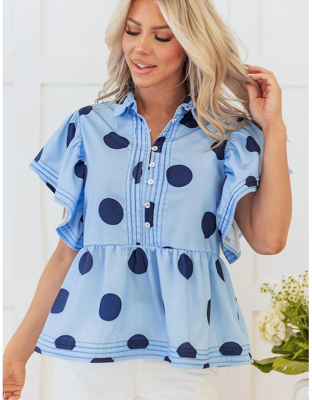 Sky Blue Polka Dot Print Ruffled Short Sleeve Buttoned Collared Blouse