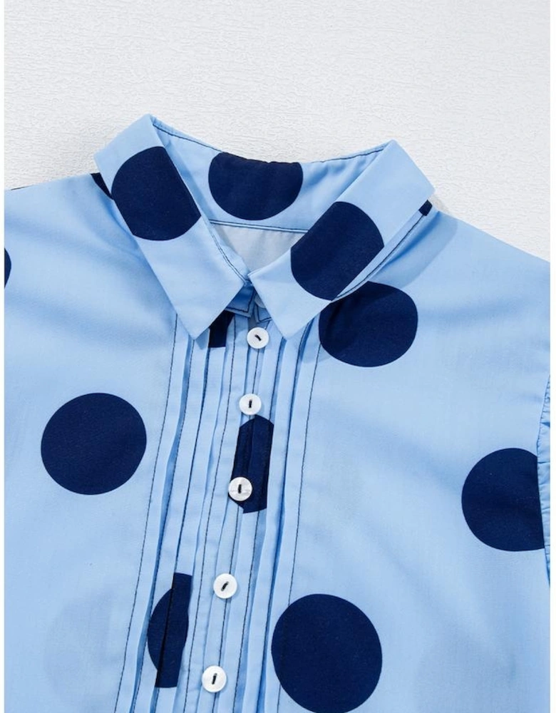 Sky Blue Polka Dot Print Ruffled Short Sleeve Buttoned Collared Blouse