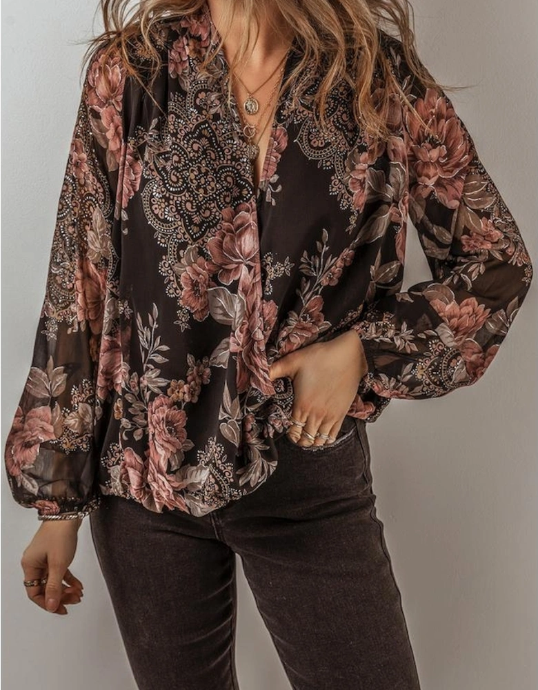 Black Floral Print Criss Cross V Neck Balloon Sleeve Blouse