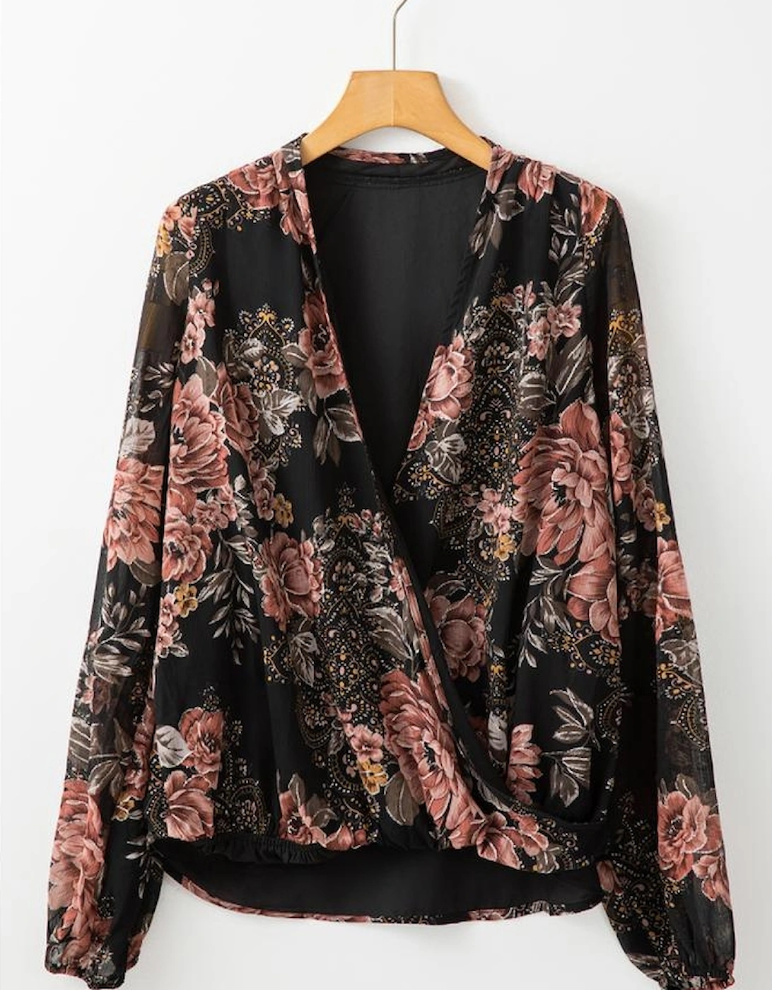 Black Floral Print Criss Cross V Neck Balloon Sleeve Blouse