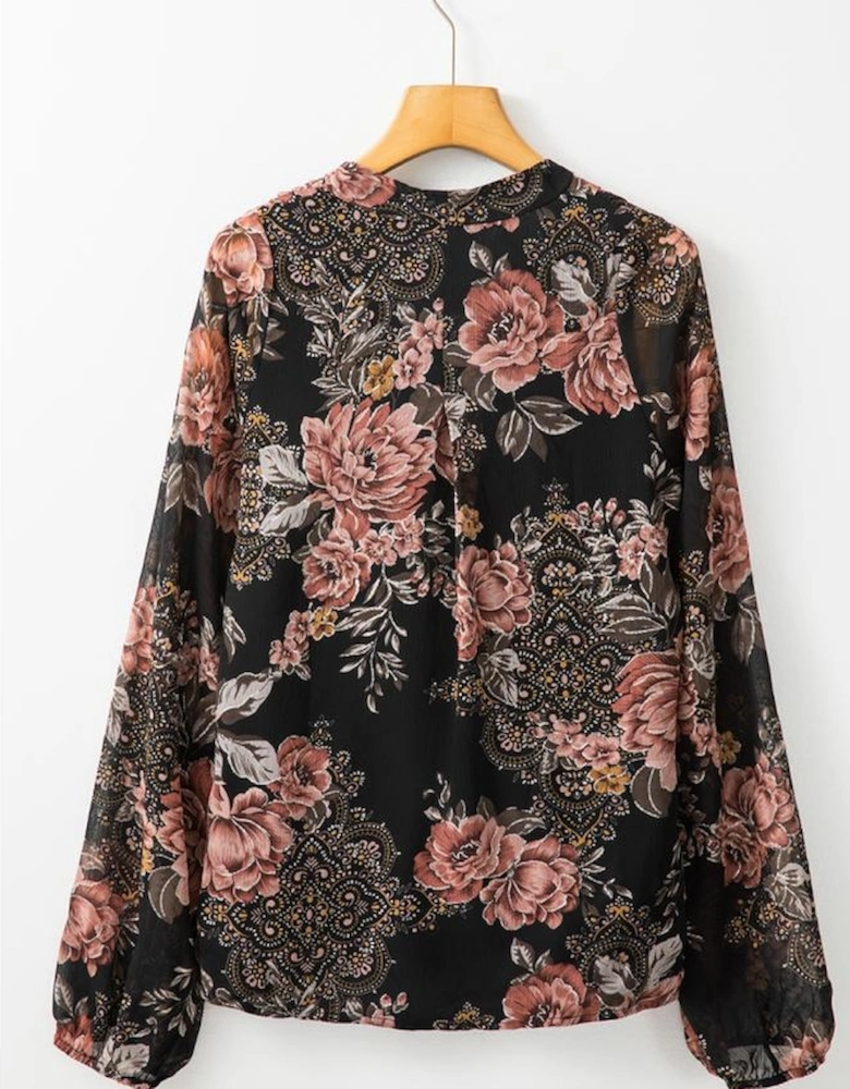 Black Floral Print Criss Cross V Neck Balloon Sleeve Blouse
