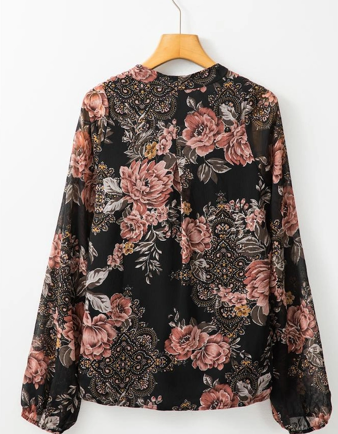 Black Floral Print Criss Cross V Neck Balloon Sleeve Blouse