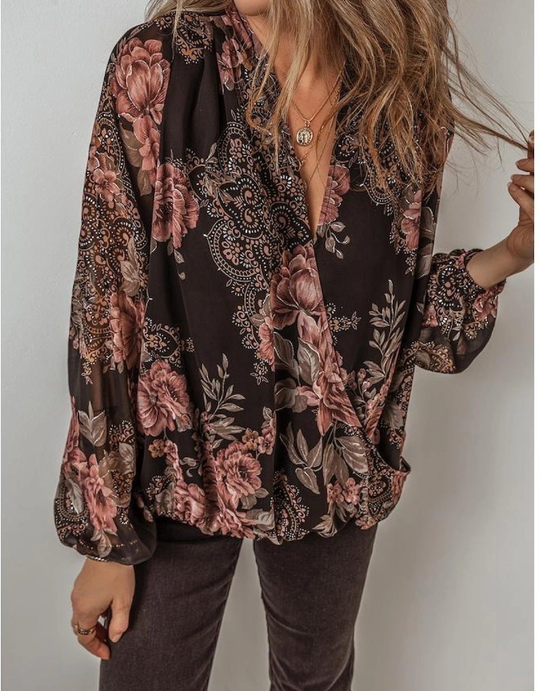 Black Floral Print Criss Cross V Neck Balloon Sleeve Blouse