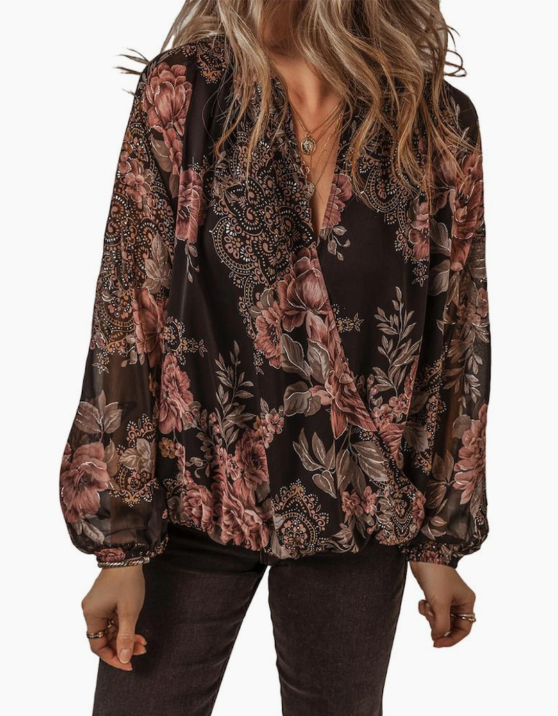 Black Floral Print Criss Cross V Neck Balloon Sleeve Blouse