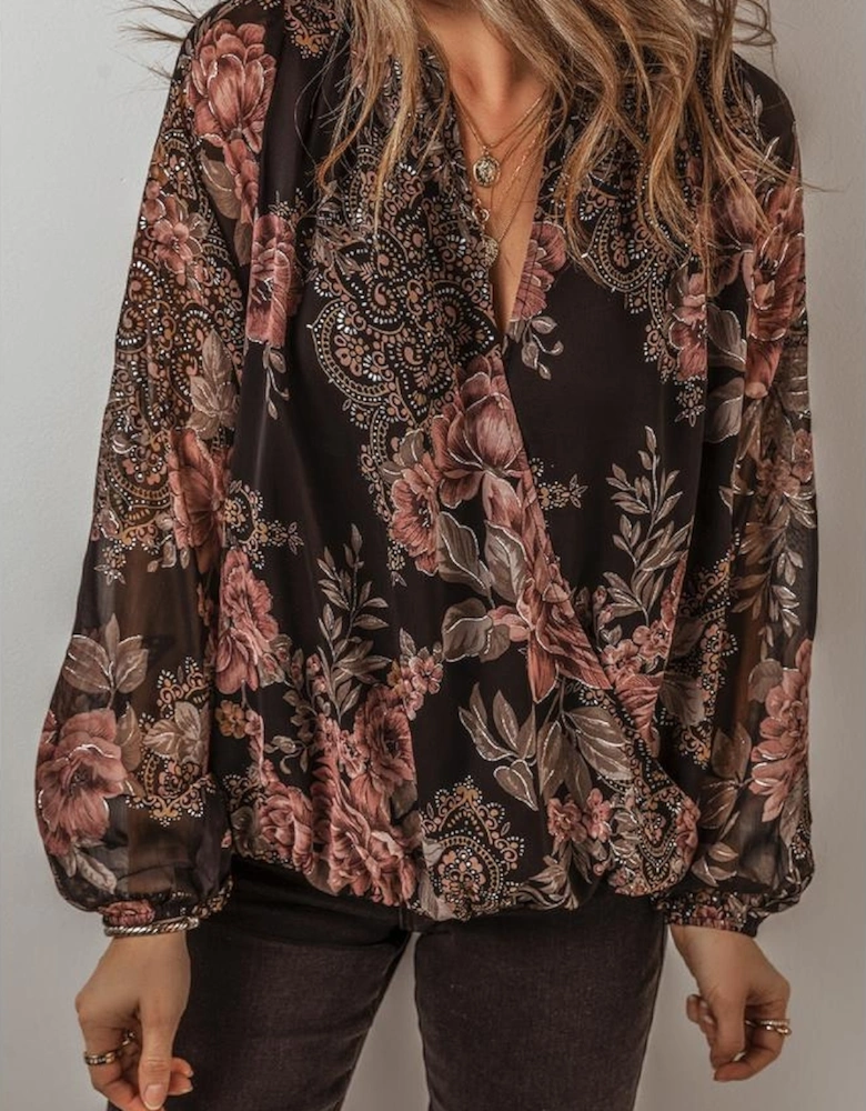 Black Floral Print Criss Cross V Neck Balloon Sleeve Blouse