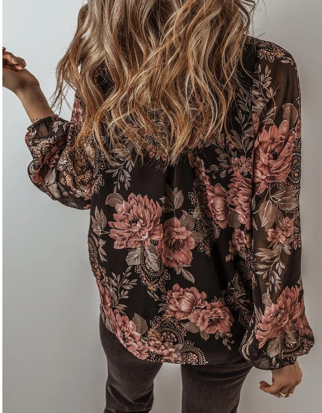 Black Floral Print Criss Cross V Neck Balloon Sleeve Blouse