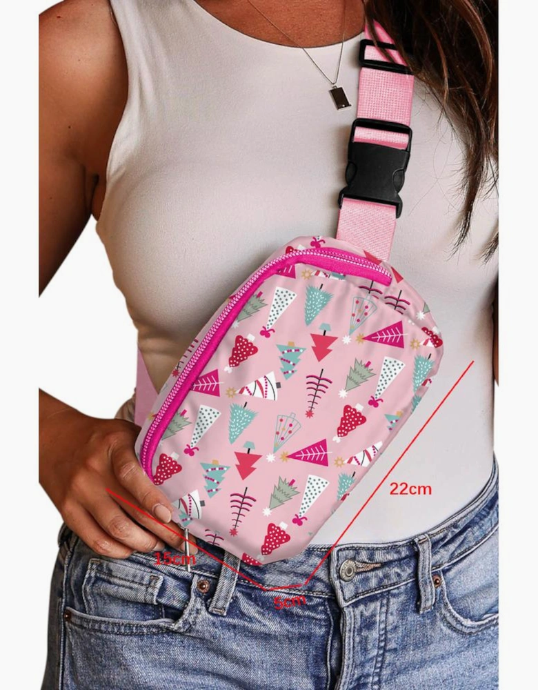 Pink Christmas Tree Print Buckle Wide Strap Sling Bag