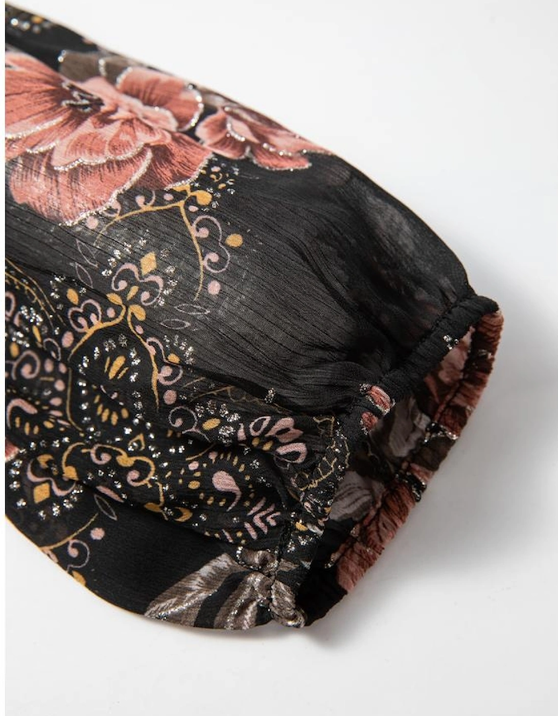 Black Floral Print Criss Cross V Neck Balloon Sleeve Blouse