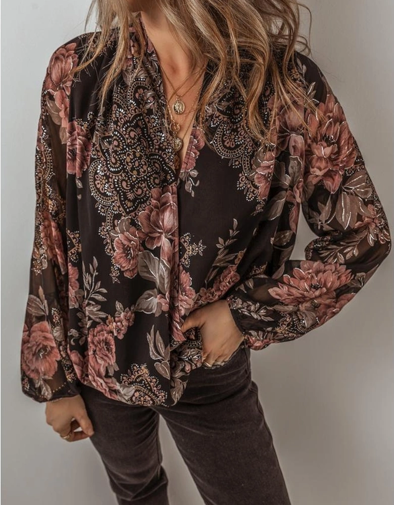 Black Floral Print Criss Cross V Neck Balloon Sleeve Blouse