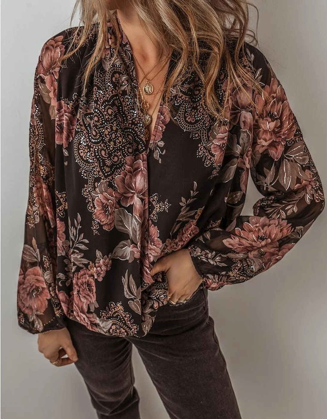 Black Floral Print Criss Cross V Neck Balloon Sleeve Blouse