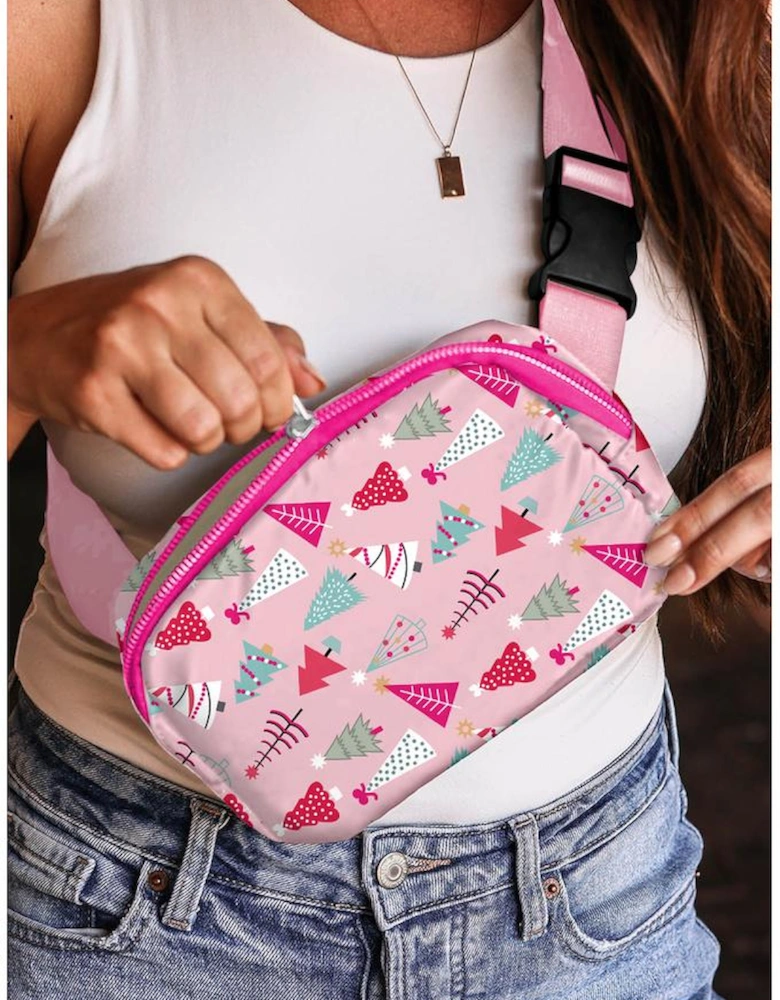 Pink Christmas Tree Print Buckle Wide Strap Sling Bag
