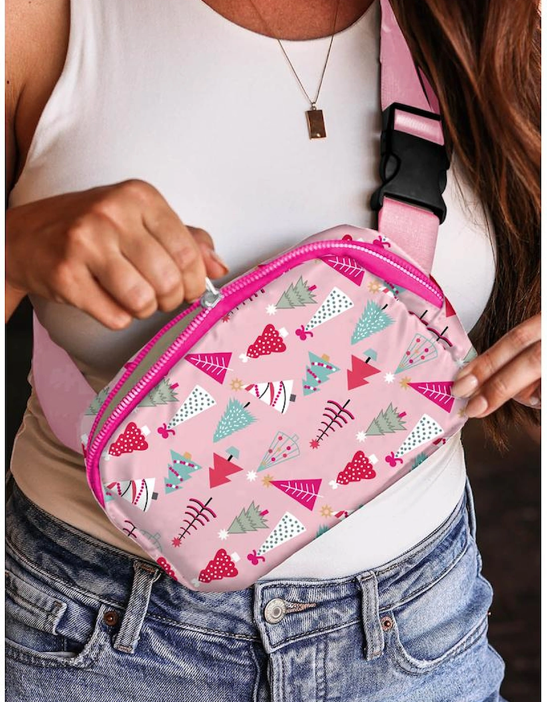 Pink Christmas Tree Print Buckle Wide Strap Sling Bag