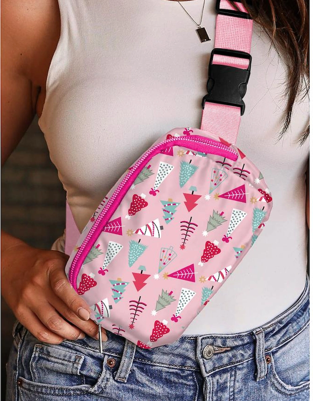Pink Christmas Tree Print Buckle Wide Strap Sling Bag, 6 of 5
