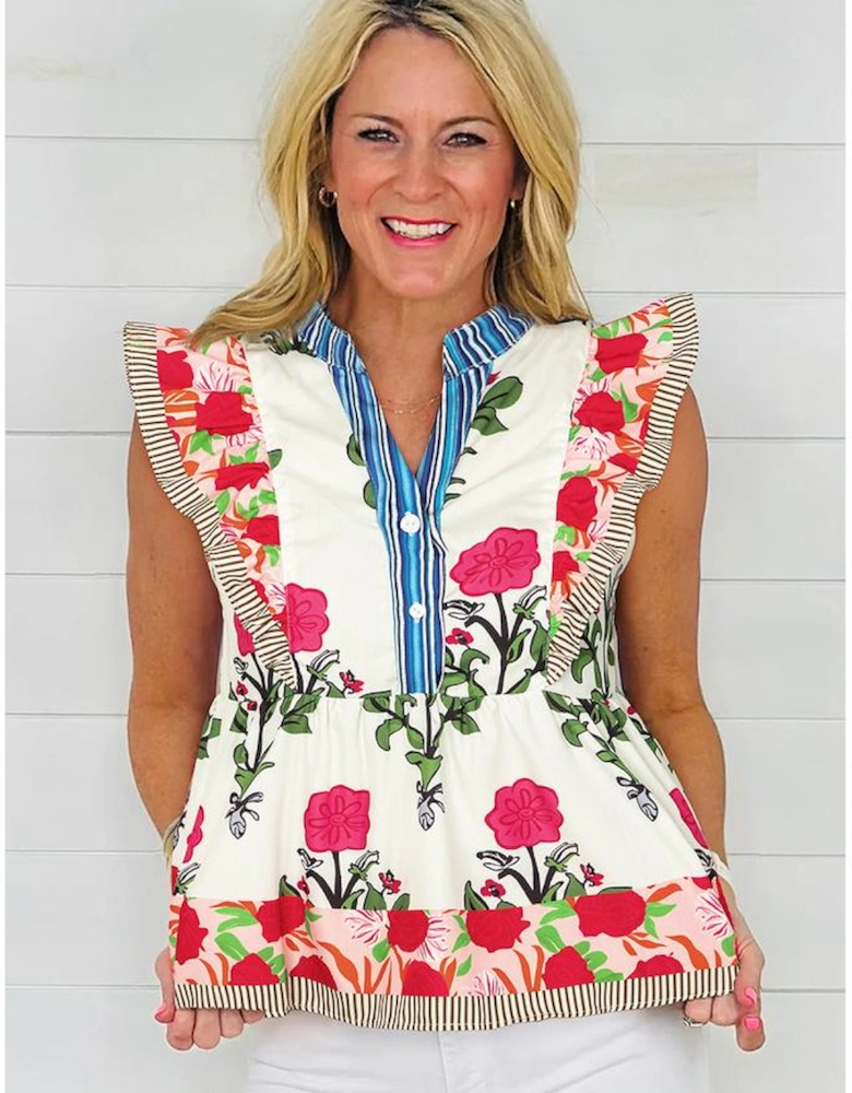 Pink Floral Print Tie Neck Striped Detail Flutter Sleeve Blouse