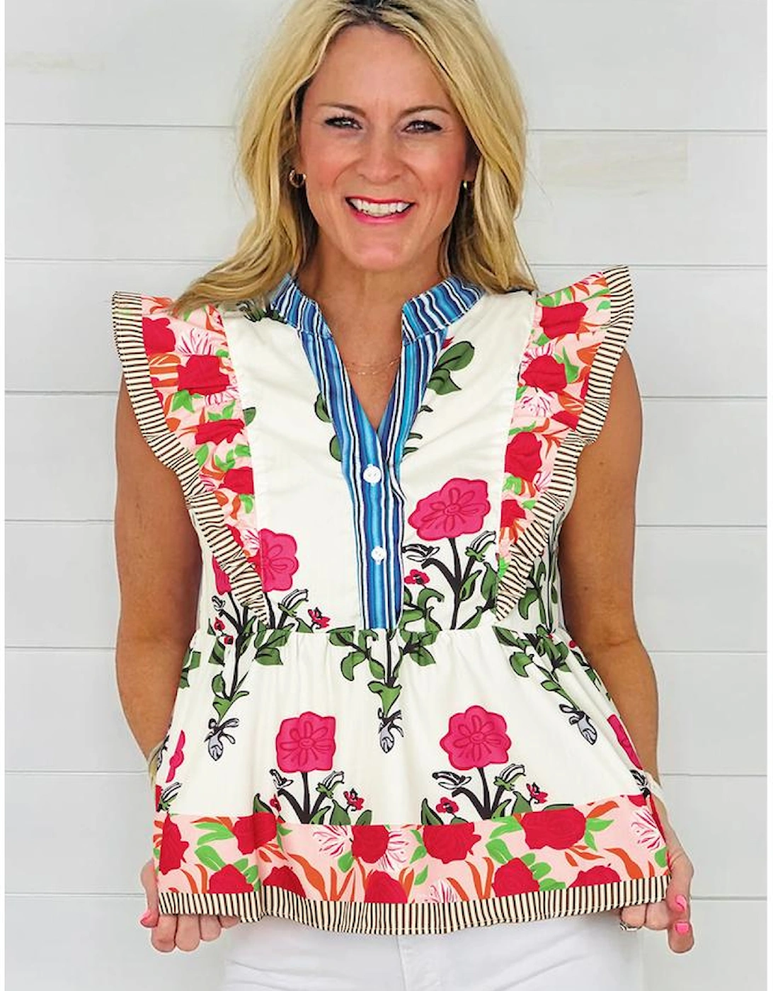 Pink Floral Print Tie Neck Striped Detail Flutter Sleeve Blouse