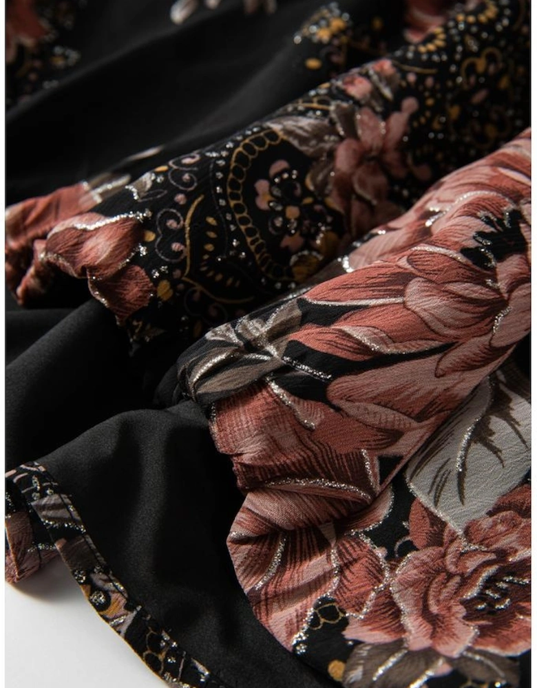 Black Floral Print Criss Cross V Neck Balloon Sleeve Blouse