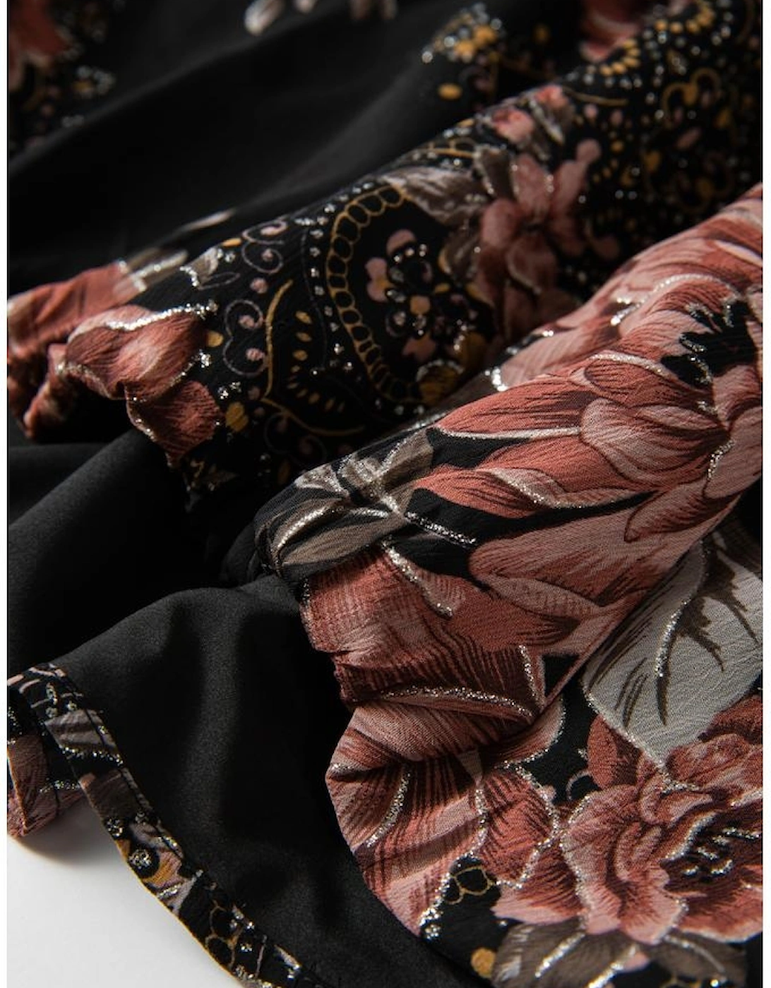 Black Floral Print Criss Cross V Neck Balloon Sleeve Blouse